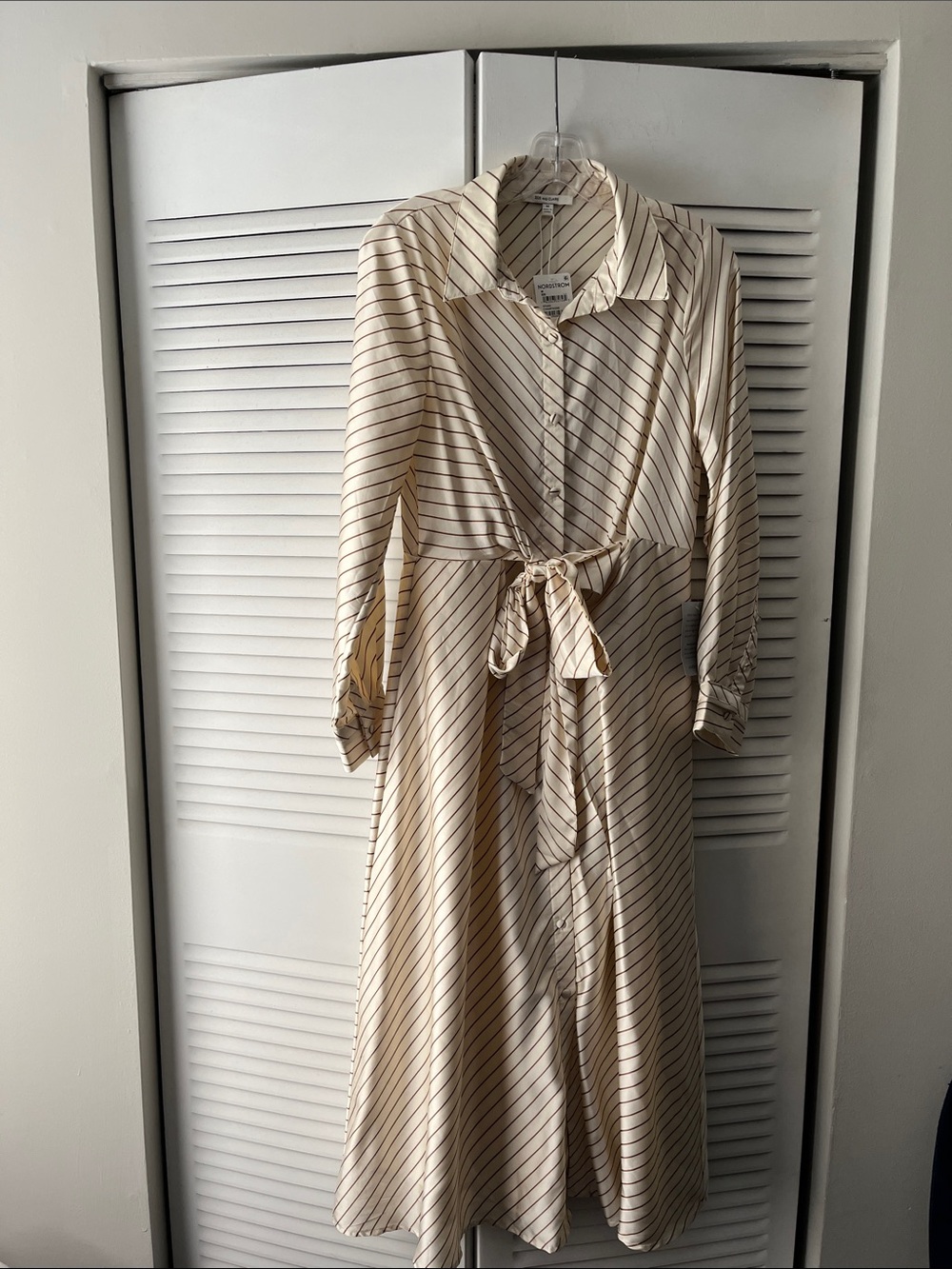 Zoe and Claire Sz M, Cream Brown-Striped Shirt Dress w/Tie Waist- NWT